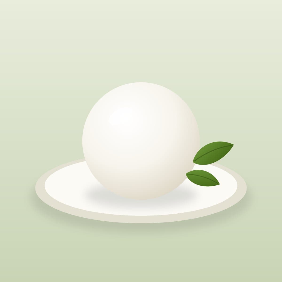Illustrazione: una mozzarella di bufala su un piatto bianco, con due foglie di basilico